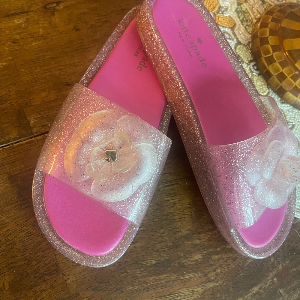Kate Spade Pink Glitter Slides with Floral Accent